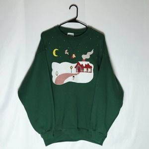 Hanes Christmas Sweatshirt Womens XL Green Long Sleeve Sweater 70s Vintage
